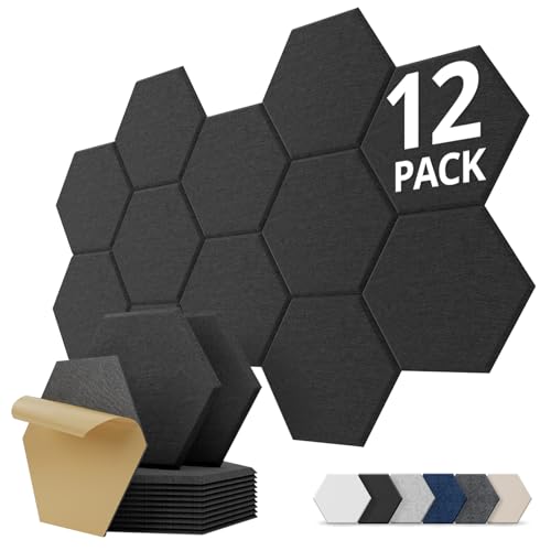Hexagon Akustikplatten Selbstklebend, 12 Stück Schallabsorber für Tonstudio, Wohnzimmer, Gaming Deko, Kinderzimmer, Buero, Wand, Decken, Türen Akustikpaneele Schwarz, 30 x 26 x 0,9cm
