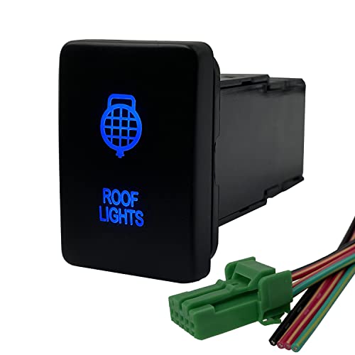 Image of Blue Led ROOF Lights Push Button Switch for Toyota Sequoia Highlander Landcruiser Tacoma 4Runner Highlander 3A 12V Led Illuminated ON-Off Button Switch with Wiring Connector