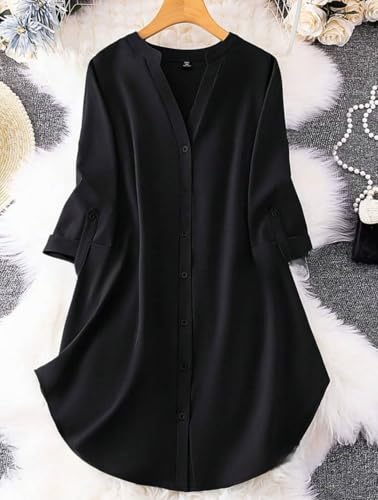 Image of Gufrina Women's Rayon Top with 3 /4th Sleeves Mandarin Collar Neck Solid Pattern A Line Style Knee-Length and Regular Fit