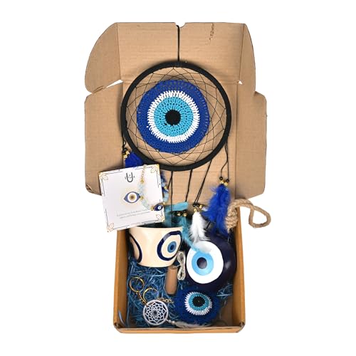 Image of THE URBAN ARTISTIC Evil Eye Gift Hamper Rakhi Return Gift for Sister - Dream Catcher, Ceramic Mug, Keychain, Bracelet, Hanging Bell, 7-Piece Set for Home Decor, Anniversary, Birthday, Housewarming