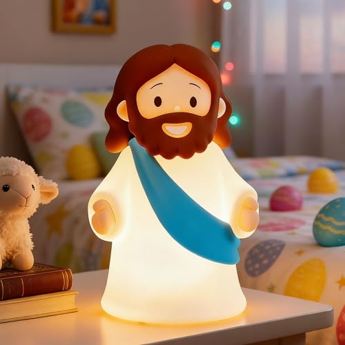 Image of Jesus Night Light Rechargeable Bedside Night Light Dimmable Silicone LED Light Ideal for Religious Gatherings, Gifts for Sunday School, Baptism Presents, Easter Egg Decorations (blue) (Blue)