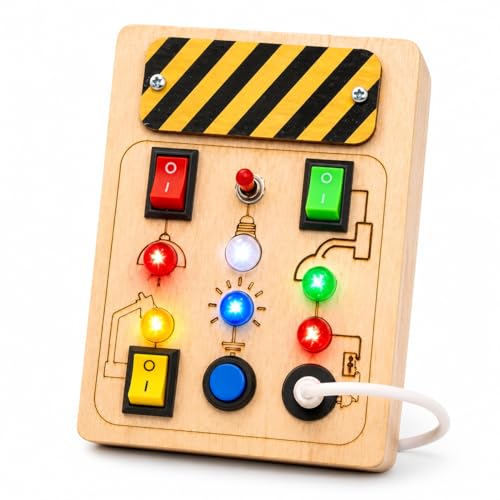Image of SHINETOY Wooden Busy Board Sensory Toy - Power Control Panel with LED Indicators, Toggle Switches & Big Push Button | Learn Electricity & Circuits | Safe & Fun Gift for Boys & Girls