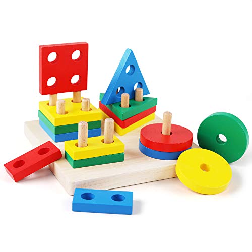 QZMTOY Wooden Sorting Stacking Toy,Educational Shape Color Recoginiton Stacker, Wooden Shape Puzzle Preschool Learning Toy,Montessori Developmental Toys for Toddlers Babies Kids Gift for Boys Girls