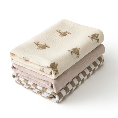 Image of Little Jump Muslin Swaddle Blanket Baby - 40 inch x 47 inch Large Cotton Swaddling Blanket Soft Neutral 3 Pack (Coffee Checkered & Khaki & Teddy Bear)