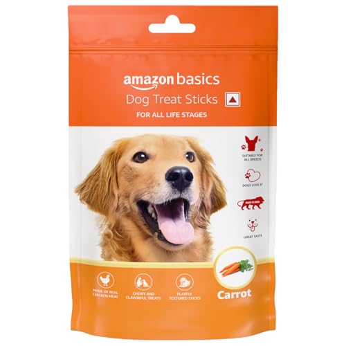 Image of Amazon Basics Dog Treat Sticks 140 gm, Chewy Meat Sticks for Adult Dogs and Puppies, High Protein Dog Treats for Training and Snacks, Made of Real Chicken Meat, Ziplock Pack, Carrot Flavor