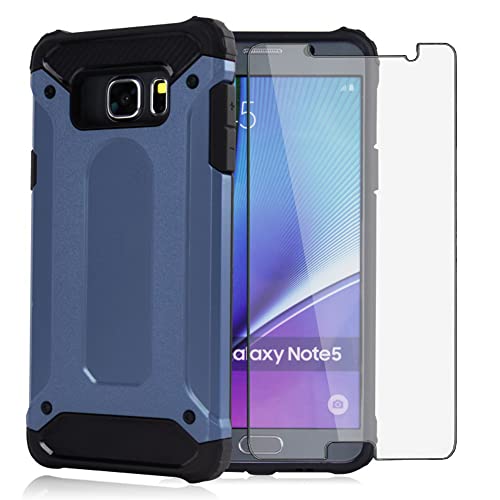 Asuwish Phone Case for Samsung Galaxy Note 5 with Tempered Glass Screen Protector Cover and Slim Rugged Hybrid Dual Layer Cell Accessories Protective Glaxay Note5 Gaxaly Notes 5s Five Women Men Blue