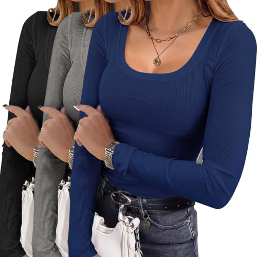 Ekouaer Womens Long Sleeve Shirts Square Neck Ribbed Thermal Undershirts