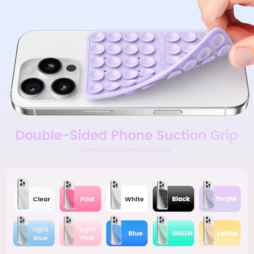 Image of 2PCS Silicone Suction Cup Phone Case Mount Double Sided, Hands-Free Phone Accessories Holder for Selfies and Videos, Silicon Sticky Phone Grip for iPhone and Android Transparent&Lavender