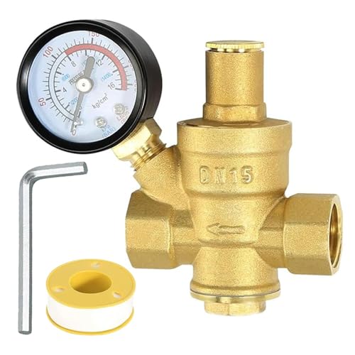 Uoimky Druckminderer Wasser 1/2 zoll DN15 mit Manometer aus 100% Hohe Härte Messing Wasserdruckminderer Einstellbar überdruckventil Wasser Druckminderer Druckregler Wasser