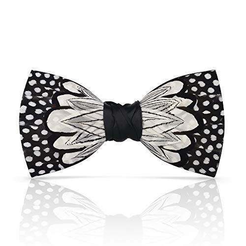 Lanzonia Homme Plume Noeud Papillon Fait Main Blanc et Noir à Pois Bowtie pour Mariage Vacances Carnival Cover