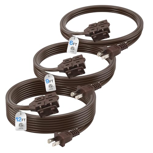 BN-LINK Indoor Extension Cord 6/9/12FT, 2 Prong Extension Cord Brown, 3-Outlet Polarized Flat Cable, 13A/1625W, Perfect for Homes, Offices, and Kitchens, Variety 3-Pack