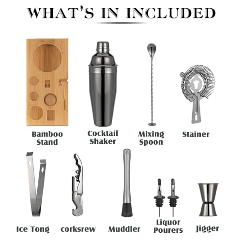 Black Cocktail Shaker Set, Premium 18/8 Stainless Steel Mixology Bartender Kit with Stylish Bamboo Stand 10-Piece Bar Tools & Accessories for Home Bar for Men, Dad, Husband