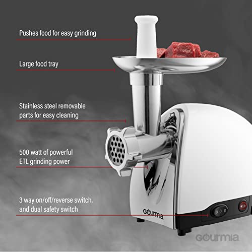 Gourmia Electric Meat Grinder 500 1000 Watt Max 3 Stainless Steel Grind Plates Fine To Coarse Commercial Meat Grinder Machine White Silver Meat Processor Electric Food Mill Grinder For Kitchen Gmg525 #TOP1