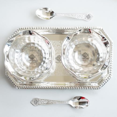 INDIAN ART VILLA Silver Plated Bowl Set with Embossed Tray and 2 Spoon, Diwali Gift Item, 150 Ml Each