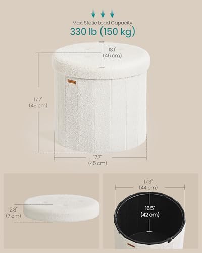 Image of SONGMICS Mazie Collection - Round Storage Ottoman, Folding Footrest Stool with Removable Lid, Easy Assembly, Teddy Fleece Vanity Stool for Bedroom, Living Room, Entryway, Cream White ULSF606W01