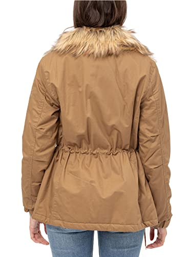 KOGMO Womens Fully Lined Zip Up Anorak Jacket Detachable Faux Fur Trim-S-CAMEL