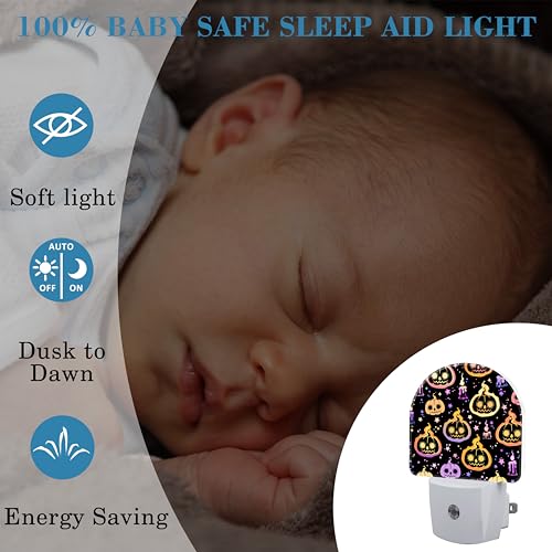 Image of Halloween Burning Pumpkins Candles Night Light for Kids, LED Night Light Plug into Wall with Dusk to Dawn Sensor for Girls Boys Women Room Decor, Hallway, Kitchen, Bathroom, Nursery, Stairs