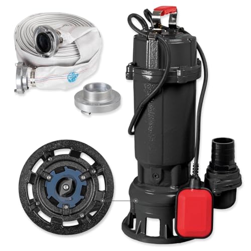 WALTER Schmutzwassertauchpumpe inkl. Schneidwerk, 20m C-Schlauch (1100W, 21.000l/h, Förderhöhe max. 15m, Anschlusskabel 8m, Thermoschutz) Fäkalienpumpe mit Zerkleinerer