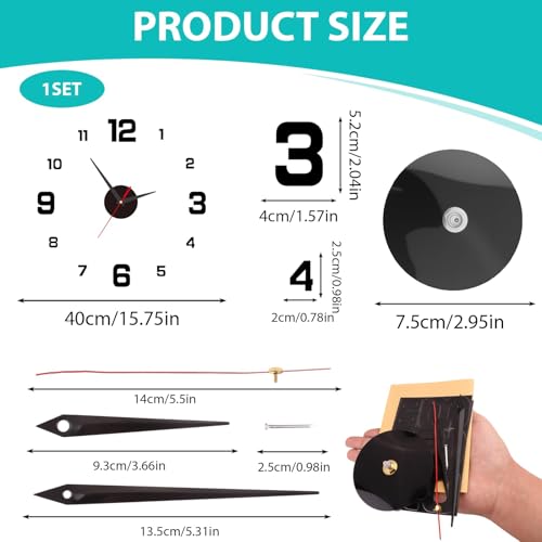 Synkris Reloj de Pared Grande Adhesivo 40 cm 3D Moderno Numeros Adhesivos Pegados Mecanismo Silencioso DIY Fácil Instalación Pared Pegatina para Decoración Oficina Salón Cocina Dormitorio Negro - imagen 2