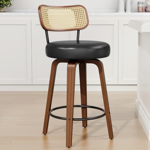 Image of YaFiti Swivel Bar Stools, 26 inch Upholstered Barstools with Rattan Backs and Wood Legs, Modern PU Leather Counter Height Bar Chairs for Kitchen Island, Black