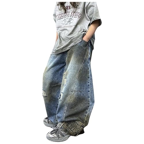 Girls Cargo Baggy Pants Elastic Waist Wide Leg Jeans Loose Casual Denim Pants with Pockets Comfortable Stylish