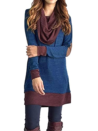 Image of Famulily Women's Cowl Neck Tops Two Tone Color Block Pullovers Elbow Patchs Loose Long Tunic Blouse