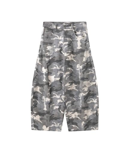 Unisex Vintage Camo Barrel-Leg Jeans Wide Leg Denim Pants Military Cargo Style Loose Streetwear Trousers
