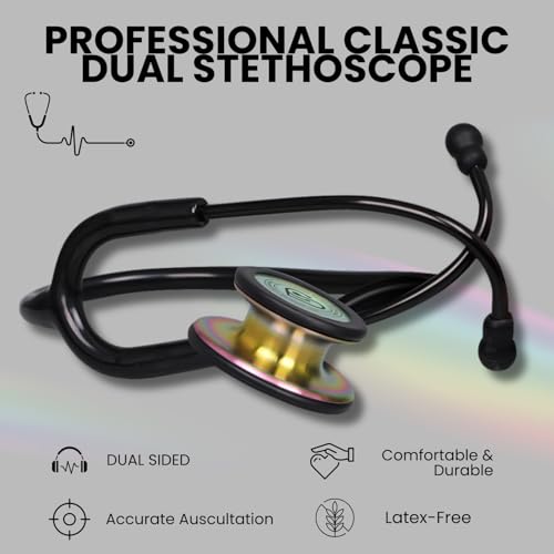 Image of MaiWieel-Classic Monitoring Stethoscope Professional Dual Head Rainbow Stethoscopes For Nurse,Doctor,Vet,Home Medical,EMT,Double-Sided Stainless Chestpiece,Flexible Tubing & Soft Sealing Eartips(Rainbow Black)