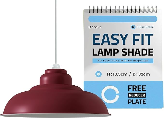 LEDSONE Modern 32cm Burgundy Industrial Lamp Shade Semi Curvy Pendant Light Diffuser Easy Fit Ceiling Light Cover Replacement for Pendant Lighting, Wall or Table Lamps Home or Office Use