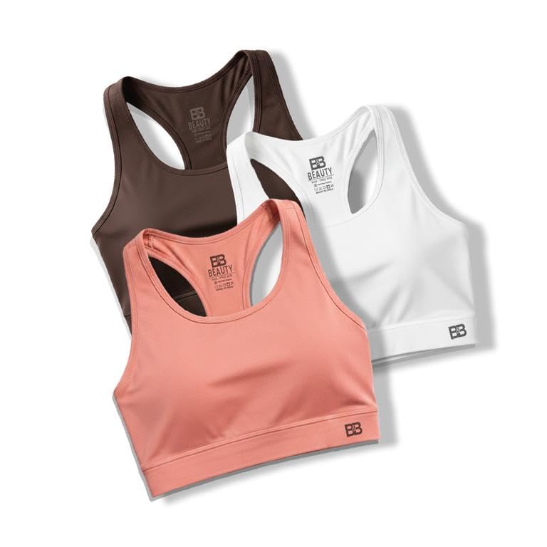 Image of BOLD & BEAUTY Women Cotton Blend Sports Bra with U-Neck, Racerback Style and Regular Straps for Workout, Yoga & Training (Pack of 3)