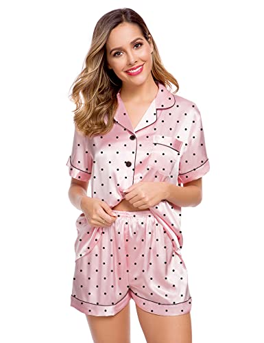 Image of LecGee Womens Silk Satin Pajamas Short Sleeve Loungewear Two-Piece Sleepwear Button-Down Pj Set