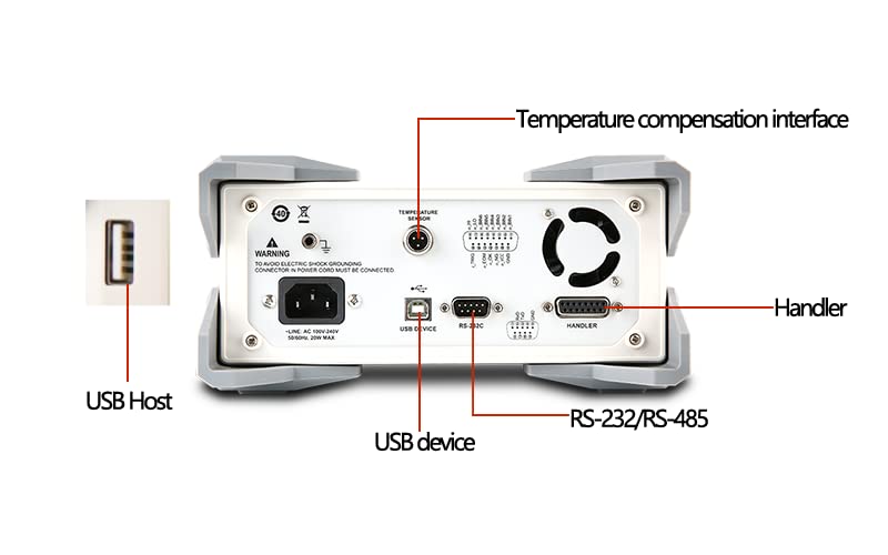 Rear panel of the UNI-T UT3510 Series Micro Ohm Meter showing power input, USB, RS-232/RS-485, Handler, and Temperature Compensation interfaces.