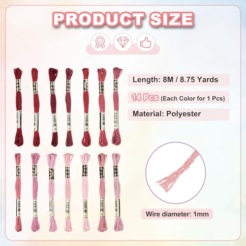 Image of PATIKIL 14 Skeins Embroidery Floss Polyester Embroidery Threads Bracelets String for Cross-Stitch Hand Embroidery, Garnet Gradient