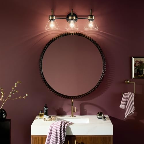 Image of Kichler Farum 26 inch 3-Light Bathroom Vanity Light Fixture with Clear Glass in Black, Modern Wall Mount Over Mirror for Single or Double Vanity, Powder Room (26 inch x 9.5 inch x 9.5 inch), 55155BKCLR