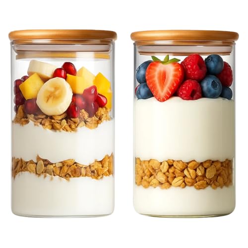 Kit 2 Potes Herméticos Yab 600ml em Vidro Borossilicato com Tampa de Bambu Natural, Vedação Hermética, Alta Durabilidade, Ideal para Cozinha e Organização de Alimentos