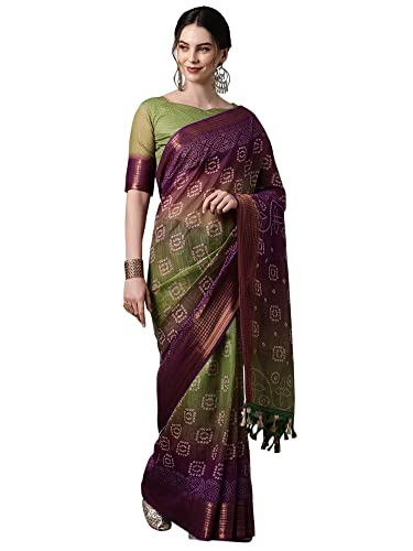 Image of AKHILAM Bandhani Print Linen Saree With Unstitched Blouse Piece for Women (SONPR1 Parent)