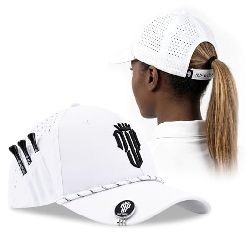 NJF Golf Adjustable Golf Hat Women, Breathable Golfing Cap with Tee Holder & Magnetic Ball Marker, High Ponytail Hats for Women, Lightweight with UPF UV Sun Protection, Golfing Sports Hat, White