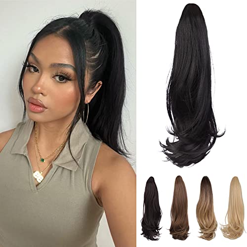 SHNMIN Ponytail Extension Black Long Curly Ponytail Hair Extensions 14Inch Claw Chip In Ponytail Extension Heat Resistant Synthetic Ponytail for Women