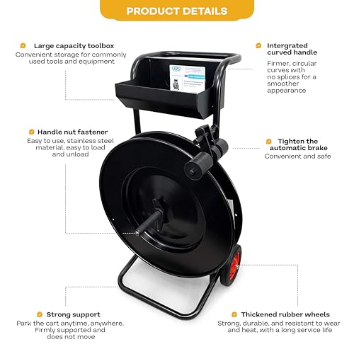 Image of IDL Packaging Strapping Cart & Dispenser for Steel Strapping, 16 inch x 3 inch Core | CA-505 for Steel Coils - Advanced Roller Brake System - Built-in Tray for Tools, Seals, and Gloves