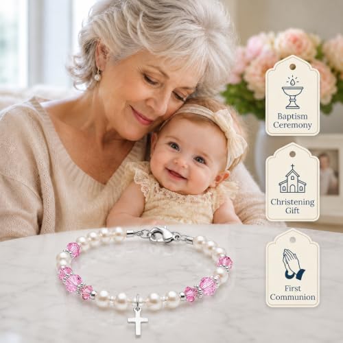 Image of Baby White Pearl Bracelet, Sterling Silver Cross Charm Baptism Gifts for Girl