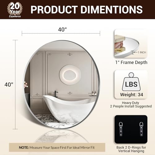 Image of ANDY STAR Round Vanity Mirror 40 Inch, Round Chrome Mirror, Large Circle Mirror, Metal Framed Vanity Mirror for Wall, Modern Clean Design with Superior Stainless Steel Frame