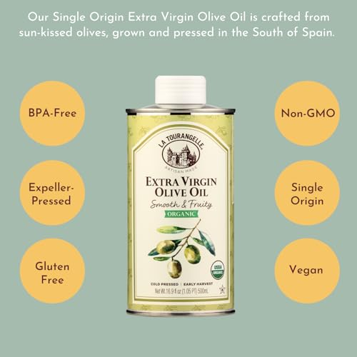 Image of La Tourangelle, Organic Extra Virgin Olive Oil, Cold-Pressed Early Harvest EVOO from Spain, Smooth & Fruity, 16.9 fl oz - Spanish with Polyphenols for Cooking, Drizzling, Marinades, and Dipping