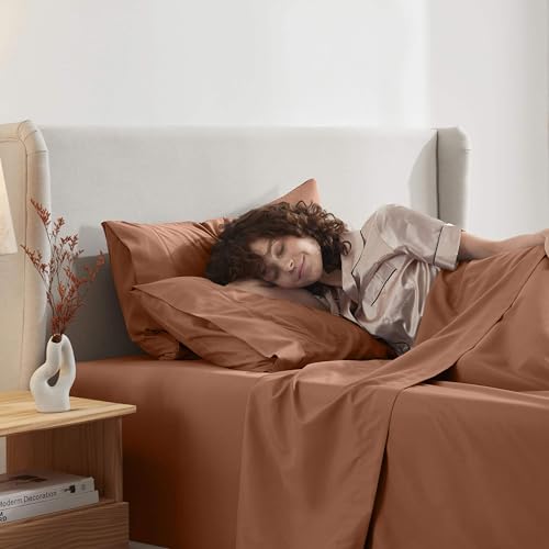 Image of Nestl Twin Bed Sheet Set - Rust - 3-Piece Deep Pocket | Instantly Soft, Night-One Ready (No Wash Required). Fits 16-Inch Deep Pockets, 360-Degree Elastic Grip