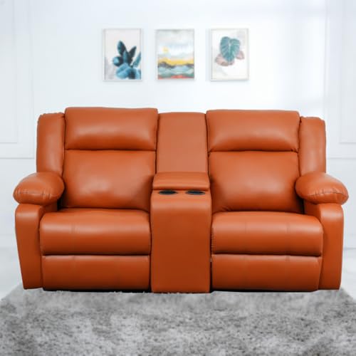 Image of Solis Royale Leatherette Manual 2 Seater Recliner Sofa Chair | Center Console and Cup Holder | Comfortable Lounge Sofa Chair for Living Room, Bedroom, Office, Home (SNUGHEAVEN-TAN)