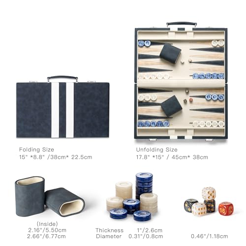 Lingle 15inch Backgammon Sets for Adults, Classic Backgammon Board with Unique Checkers Dice, Faux Leather Exterior and Velvet Interior, Portable Backgammon Travel Set (Blue) - image 4