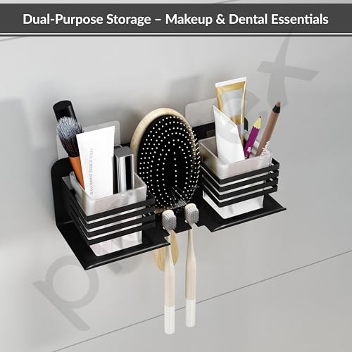 Image of Plantex Stainless Steel Self Adhesive Double Tumbler Holder /Toothbrush Stand for Bathroom /Toothpaste Holder /Bathroom Accessories - Pack of 1 (Black)
