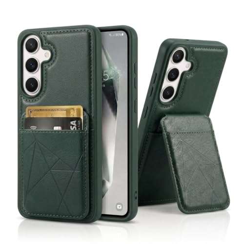Image of amazon basics Premium Vegan Leather Back Cover with Card Holder and Integrated Mobile Stand for Samsung Galaxy S26 5G - Slim Shockproof Wallet Case with Geometric Stitching [Green]