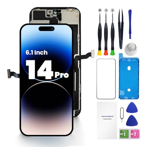 Genverdix for iPhone 14 PRO Screen Replacement 6.1 inch 3D Touch LCD Display Full HD Repair kit Digitizer Assembly with Tools Set Tempered Glass Screen Protector Waterproof Frame Adhesive
