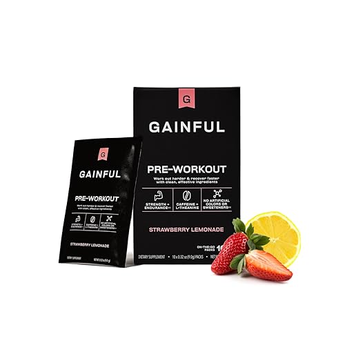 Image of Gainful Pre Workout Powder with Natural Caffeine & L Theanine for Energy & Focus, L Citrulline & Beta Alanine for Endurance, BCAA's for Muscle Recovery, Vegan, Strawberry Lemonade, 10 Ct