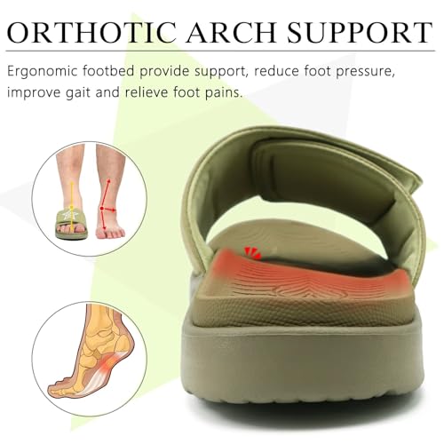 Image of KuaiLu Mens Atheletic Slides Wide Adjustable Arch Support Sport Sandals | Soft Cushioned Open Toe Summer Slippers for Plantar Fasciitis Slip On House Shoes Indoor Outdoor